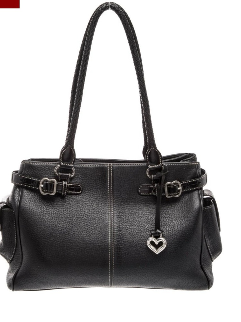 Brighton Black Pebbled Satchel Double Handles Zip Heart Charm Inner Pockets*
